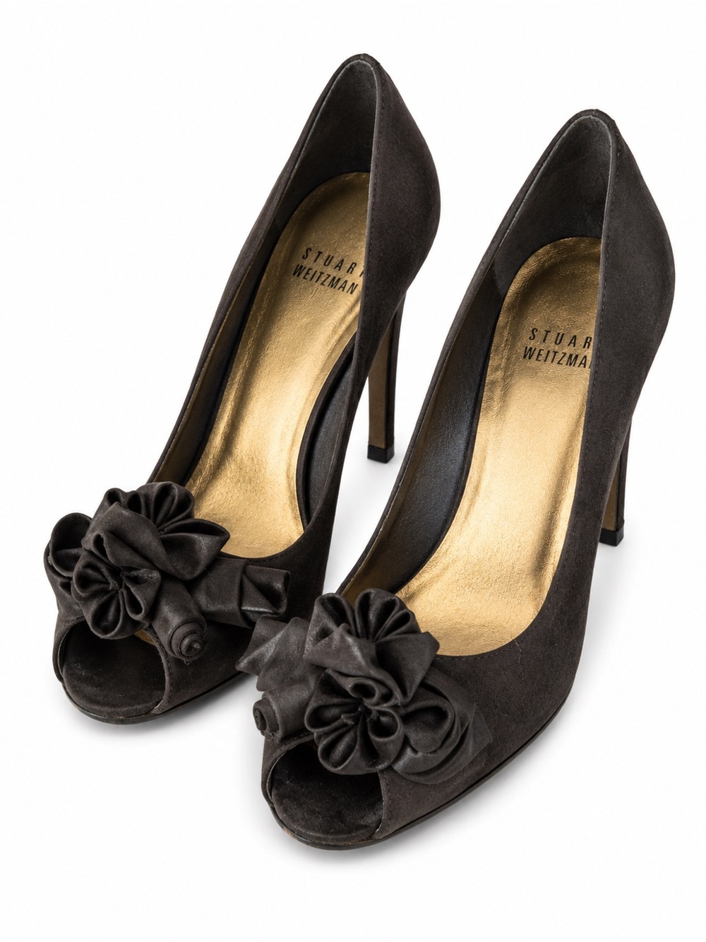 Stuart Weitzman Black Suede Peep-Toe Pumps with Rosette Detail CT